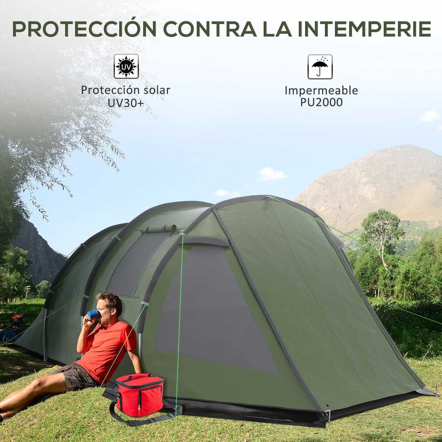 Tunnel Tent - 3 tot 4 Personen - Waterdicht & UV-bestendig - Grote Ruimte - Ventilatieramen - Outdoor Kampeertent - 475x264x172 cm - Groen - QUORE