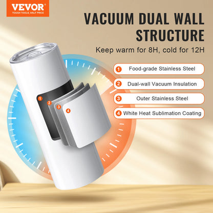VEVOR 8/12/14/16/24/50PC Straight Sublimation Tumblers Blank Tumbler Bulk Stainless Steel Double Wall Tumbler Cups Heat Transfer - QUORE