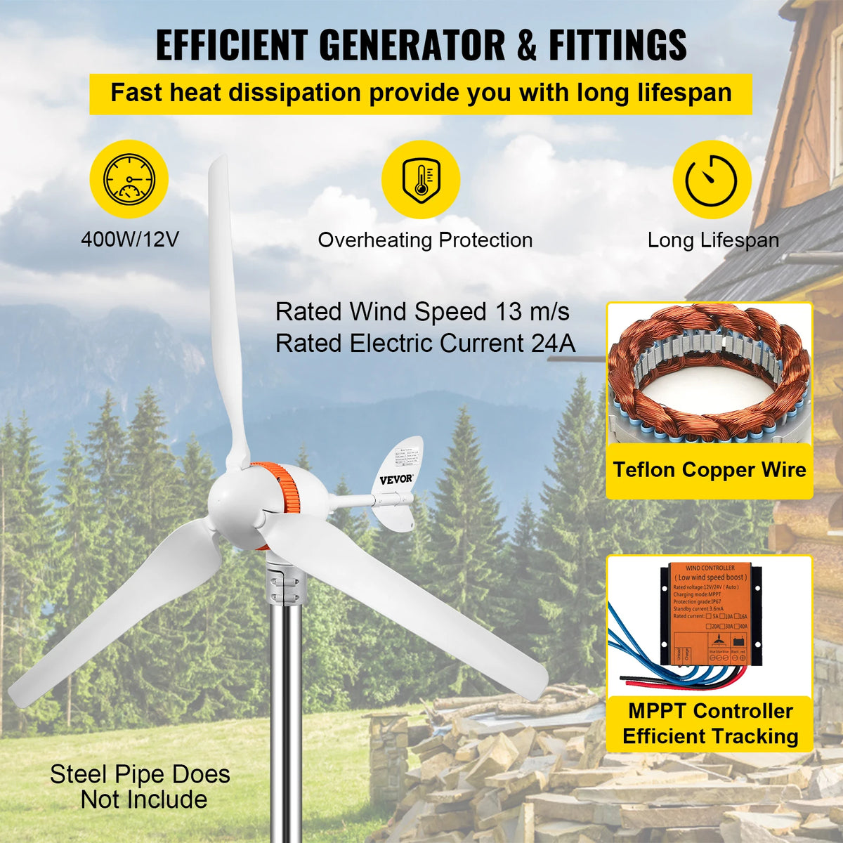 Windturbine Generator - Windturbine - Windmolen Generator - Windenergie - Windkracht - Wind Generator - 400W- 3 Blades - Auto Adjust Windward - QUORE