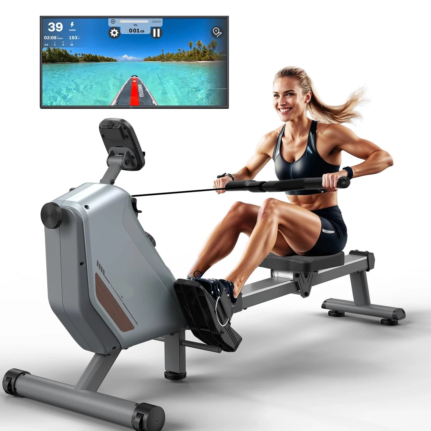 Roeimachine - Magnetische Roeitrainer - Roeiapparaat - Opvouwbare - met 16 Weerstandsniveaus - Bluetooth Connectie - LCD Display - 300N Weerstand - Max 150kg - Ergonomisch Ontwerp - Stil en Compact - Grijs