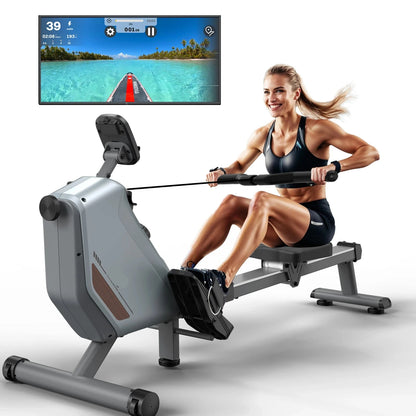 Roeimachine - Magnetische Roeitrainer - Roeiapparaat - Opvouwbare - met 16 Weerstandsniveaus - Bluetooth Connectie - LCD Display - 300N Weerstand - Max 150kg - Ergonomisch Ontwerp - Stil en Compact - Grijs