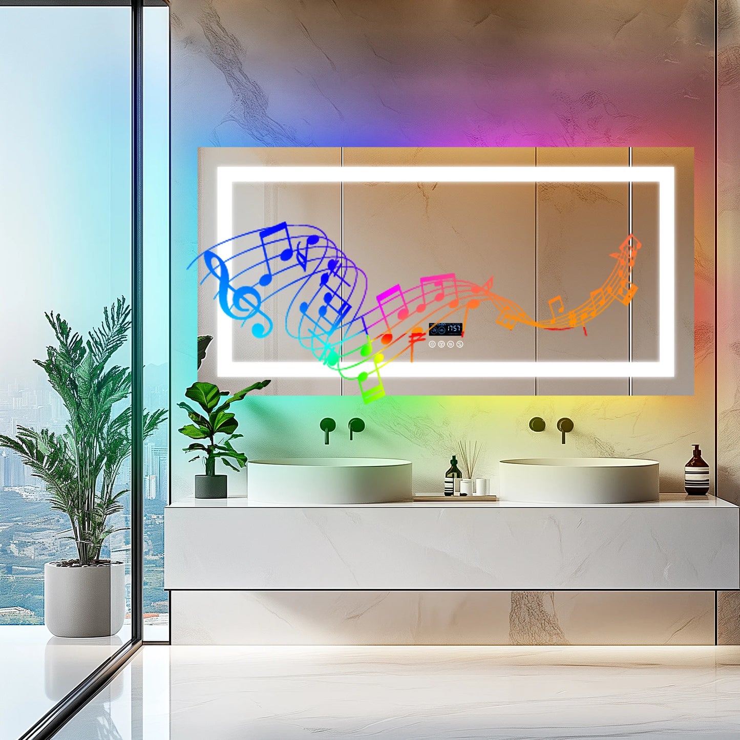 Badkamerspiegel – Spiegel Met Speaker – Led Spiegel – Anti-Fog Spiegel – Frameloos Design – Bluetooth Speaker – Driedelige Ledverlichting - 140x70cm RGB