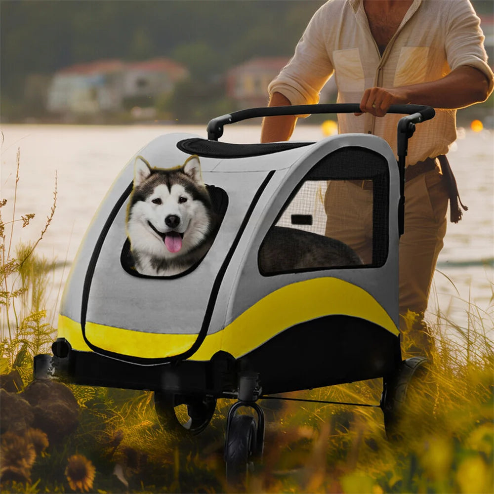 2-in-1 Hondenbuggy en Autostoel - Lichtgewicht & Sterk - Ademend Design - 4 Wielen - 20KG Capaciteit - Geel