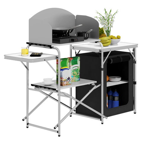 Camping cupboard - Camping kitchen - Camping kitchen - Cooking table - BBQ table - Cooking storage - White Black - Wind protection