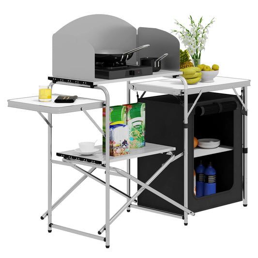 Campingkast - Campingkeuken - Kampeerkeuken - Kooktafel - Bbq tafel - Kookopslag - Wit Grijs - Windbescherming