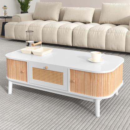 Salontafel – Rattan Salontafel – Houten Tafel – Koffietafel – Woonkamer Tafel – Met Handgemaakte Massief Houten Schuifdeuren – Ruime Opbergruimte en Natuurlijke Walnotenkleur