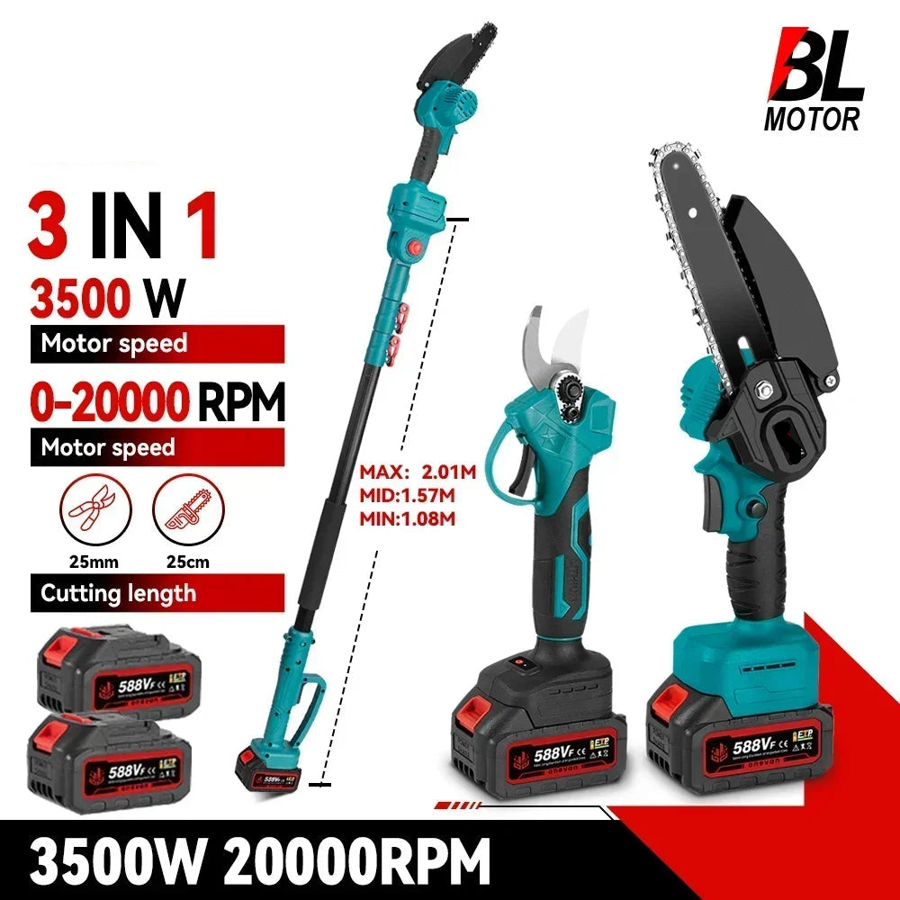 Mini Kettingzaag - Kettingzaag - Snoeizaag - Takkenzaag - Handzaag - Telescoop Kettingzaag - 3500W - 3-in-1  - Automatische Kettingsmering - Brushless - Tuin Schaar Snoei Gereedschap -  2 Batterij EU Stekker - QUORE