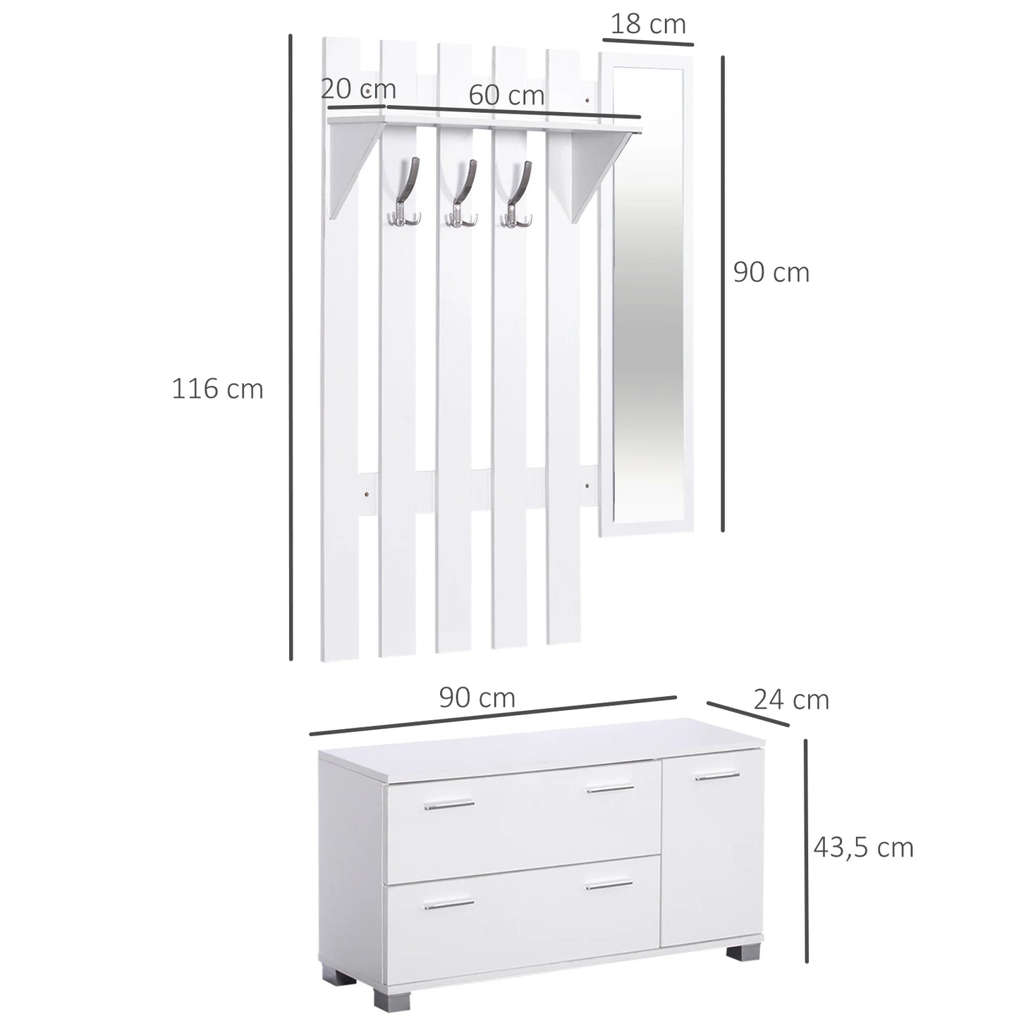 3-in-1 Halmeubel – Kapstok – Wandkapstok – Staande Kapstok – Garderoberek – Schoenenkast – Melamine Hout & Spiegel – Draagvermogen 100 kg