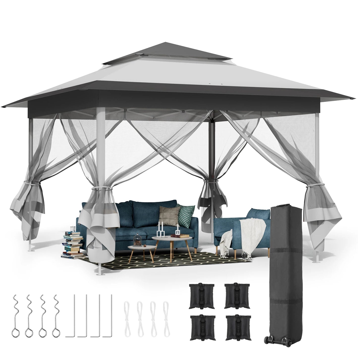 Gazebo Pop-Up Tent  - Kampeertent - Opvouwbare Partytent - Tenten - 3.3x3.3m - Waterdichte - 4 Muskietennetten - voor Camping - Feest of Festival - Lichtgrijs en Donker