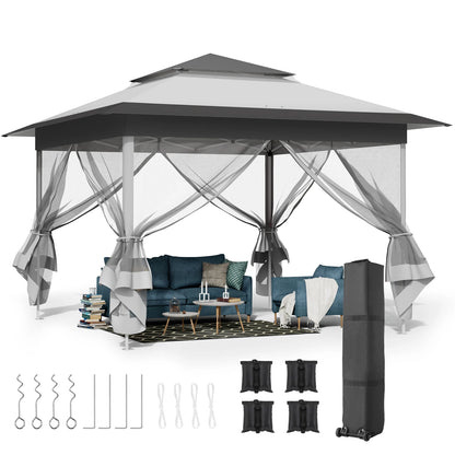 Gazebo Pop-Up Tent  - Kampeertent - Opvouwbare Partytent - Tenten - 3.3x3.3m - Waterdichte - 4 Muskietennetten - voor Camping - Feest of Festival - Lichtgrijs en Donker