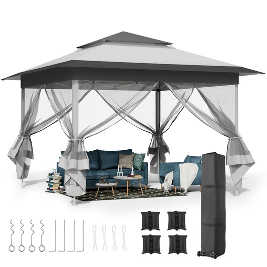 Gazebo Pop-Up Tent  - Kampeertent - Opvouwbare Partytent - Tenten - 3.3x3.3m - Waterdichte - 4 Muskietennetten - voor Camping - Feest of Festival - Lichtgrijs en Donker