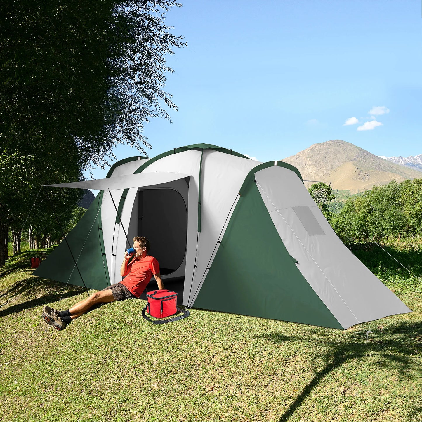 Familietent voor 4-6 Personen - 555x225x190 cm - Groen - 2 Slaapkamers & 1 Woonruimte - Waterdicht - UV-bescherming