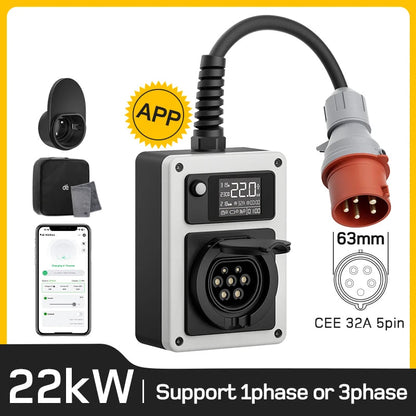Mobiele 22kW Wallbox – Mobiele Lader – Draagbare Charger – Elektrische Oplader – EV Laadpunt – Travel Set met App – Instelbare Laadstroom – Compact & Weerbestendig - QUORE