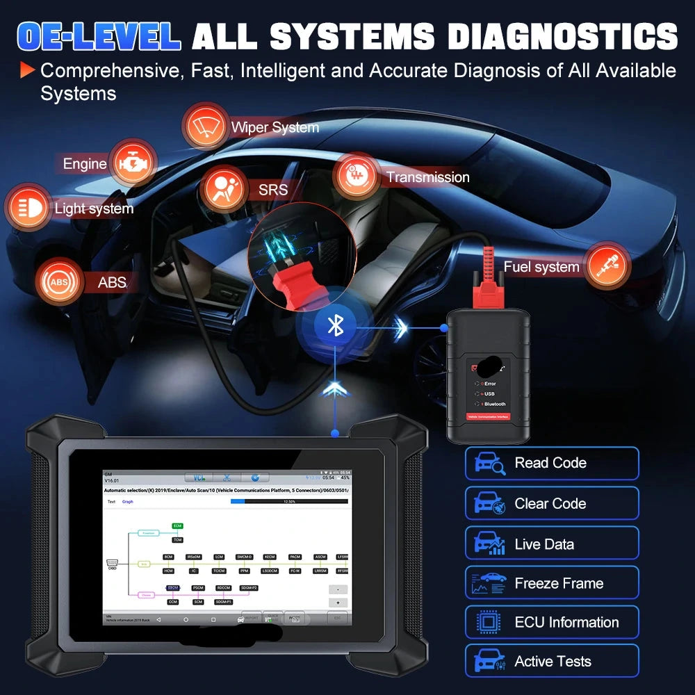 Auto Diagnosetool – OBD Scanner – Diagnoseapparaat – Sleutelprogrammering – 8-Inch Touchscreen – Bluetooth – 8500 mAh Batterij