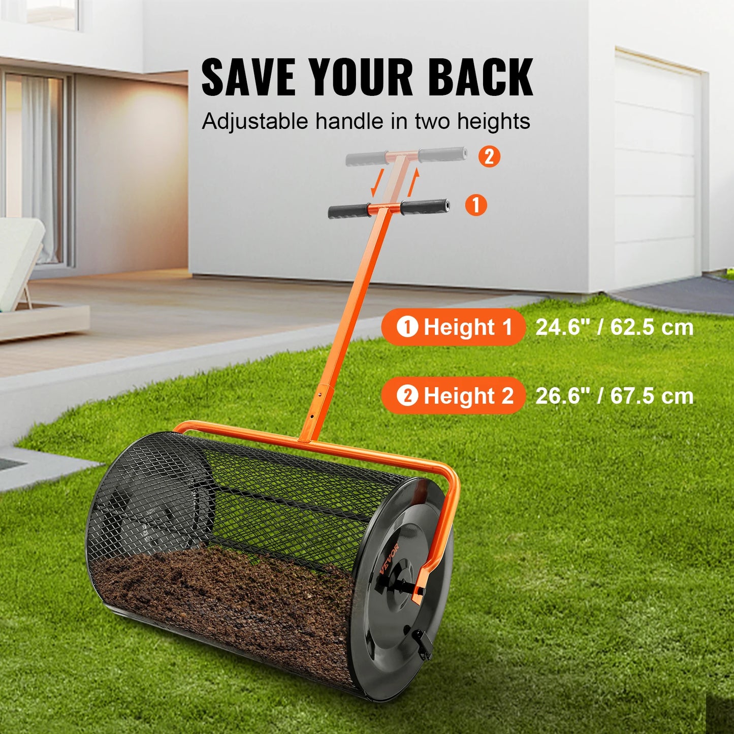 Compostverspreider - Strooiwagen - Lichtgewicht Ontwerp - Turf Mos Roller - Verstelbaar Handvat -  voor Tuin - Gazon - 24inch -  61 x 107 cm - Oranje/Zwart