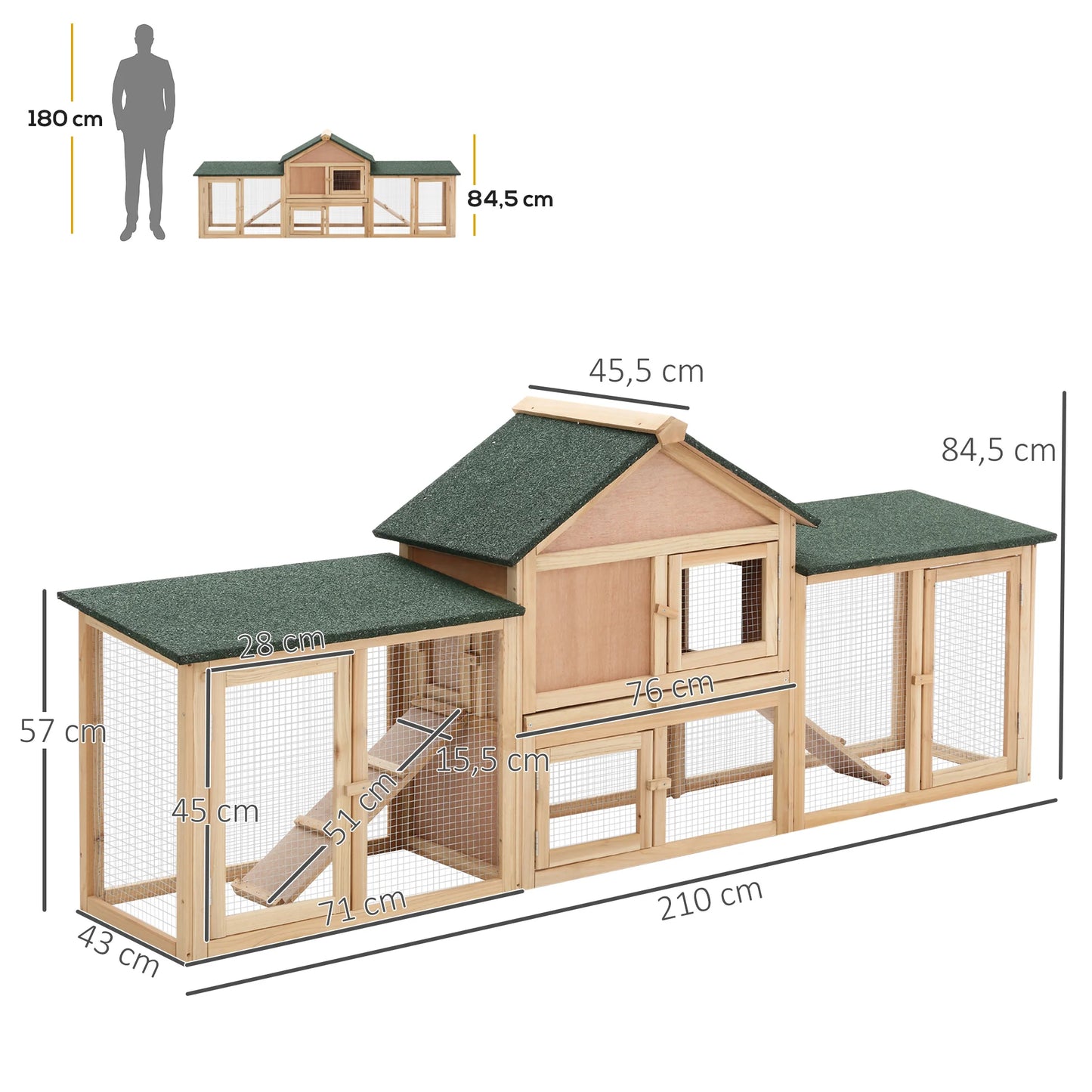 PawHut outdoor hutch for 2-4 rabbits with asphalt roof tray