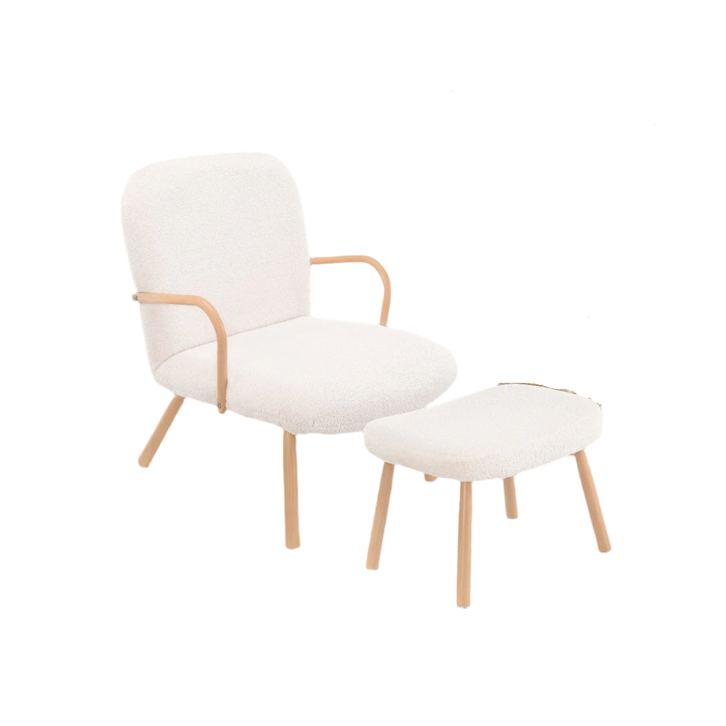 Fauteuil – Stoel – Relaxfauteuil – Zetel – Bijpassende Voetenbank – Teddy Fleece Bekleding – Houten Frame