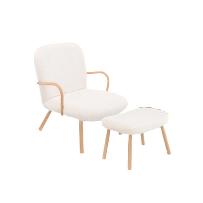 Fauteuil – Stoel – Relaxfauteuil – Zetel – Bijpassende Voetenbank – Teddy Fleece Bekleding – Houten Frame