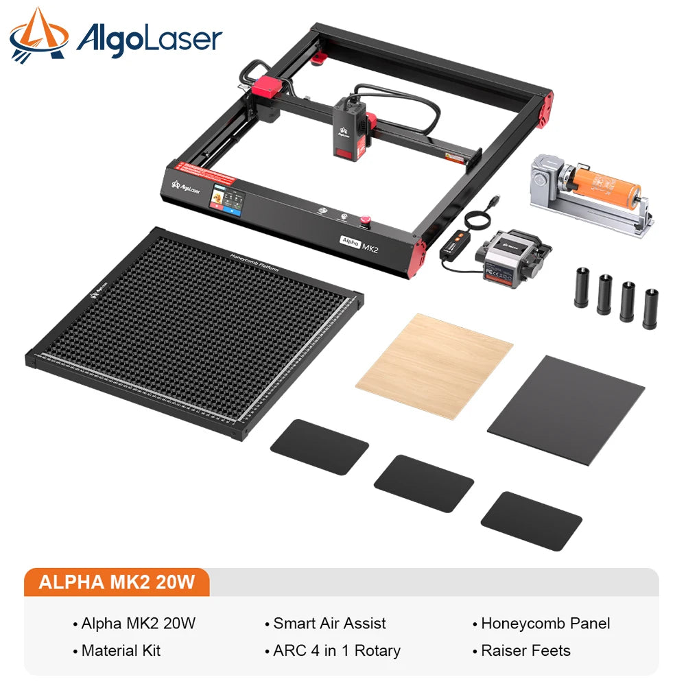 AlgoLaser Alpha MK2 20W Business Laser Engraver Machine Laser Cutter/Engraver with Air Pump 3.5" Smart Touch 2.0 AlgoOS System