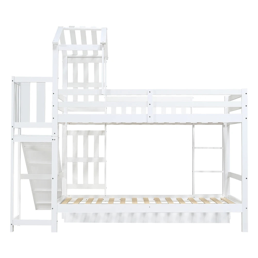 Kinder Stapelbed – Kinderbed – Bunkbed – Hoogslaper – Stapelbed Met Glijbaan – Wit – 90x200 cm – Grote Lade Op Wieltjes – Stevig Massief Hout