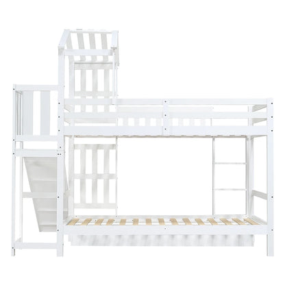 Kinder Stapelbed – Kinderbed – Bunkbed – Hoogslaper – Stapelbed Met Glijbaan – Wit – 90x200 cm – Grote Lade Op Wieltjes – Stevig Massief Hout