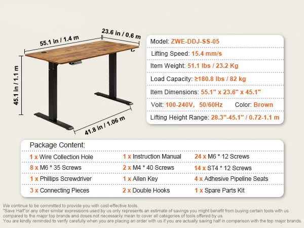 Zit-Sta Bureau - Bureautafel - Computer Tafel - Laptoptafel - Elektrisch - Hoogteverstelbaar - 55.1x23.6inch - voor Gaming en Thuiskantoor - 85kg Draagcapaciteit - Bruin