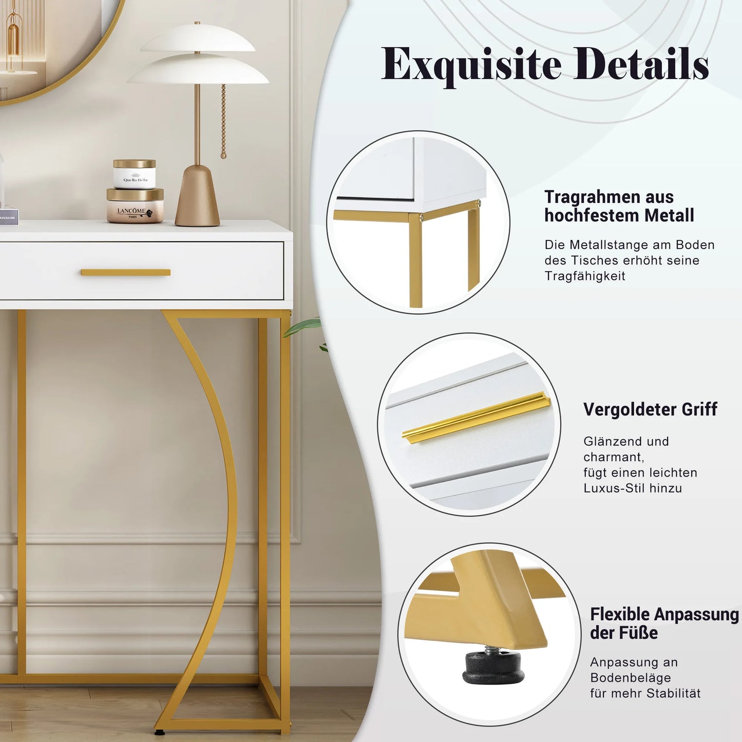 Console table, hallway table with 2 drawers, light luxury style side table, sofa table, 120 x 38 x 76 cm, white/gold