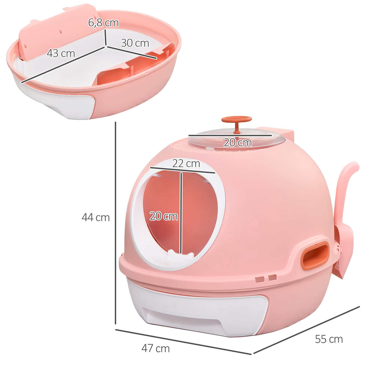 Kattenbak - Kattentoilet - Kattenbakvulling - met Uitneembare Lade - Scooper - Transparante Entree - Daklicht - ABS - 47 x 55 x 44 cm - Roze