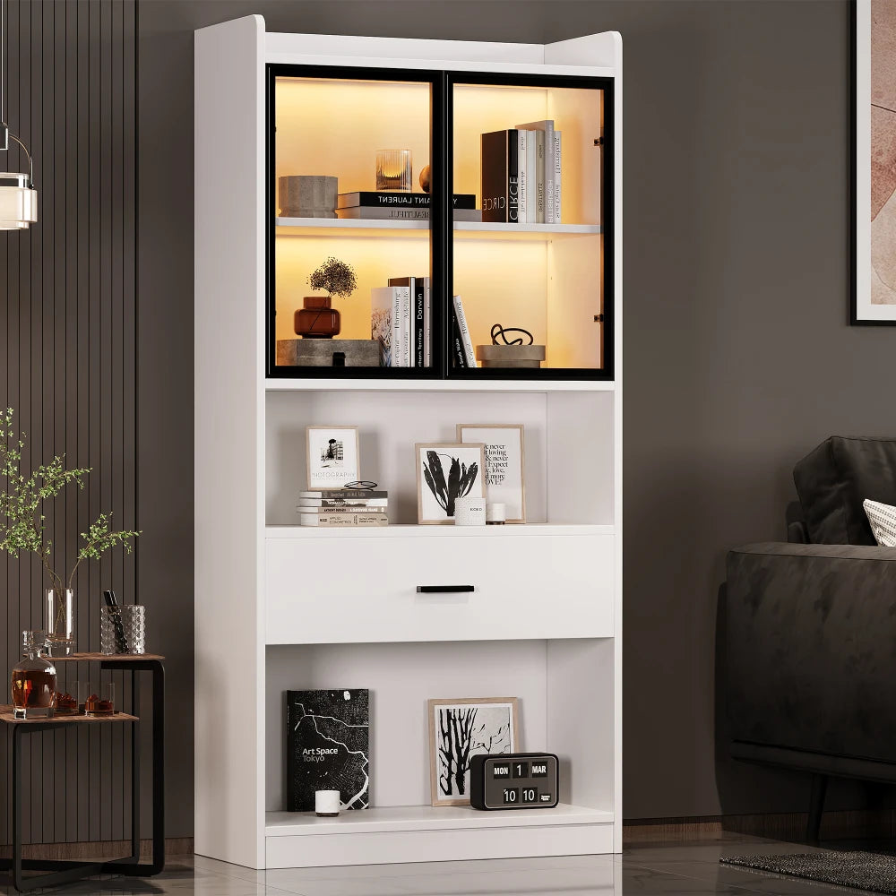 Vitrinekast – Vitrinekast Met Led – Glazen Kast – Boekenkast – Displaykast – Verstelbare Legplanken – Moderne Wit Met Afstandsbediening