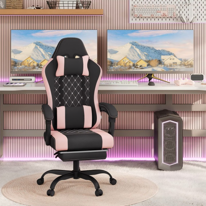 Gaming Stoel - Massage Gaming Stoel - Bureaustoel - Swivel Stoel - met Voetsteun - Hoofdsteun - Verstelbare - Rugleuning - Lendenkussen - Ergonomische - Draaibare - 70 x 70 x 127 cm - Zwart & Roze