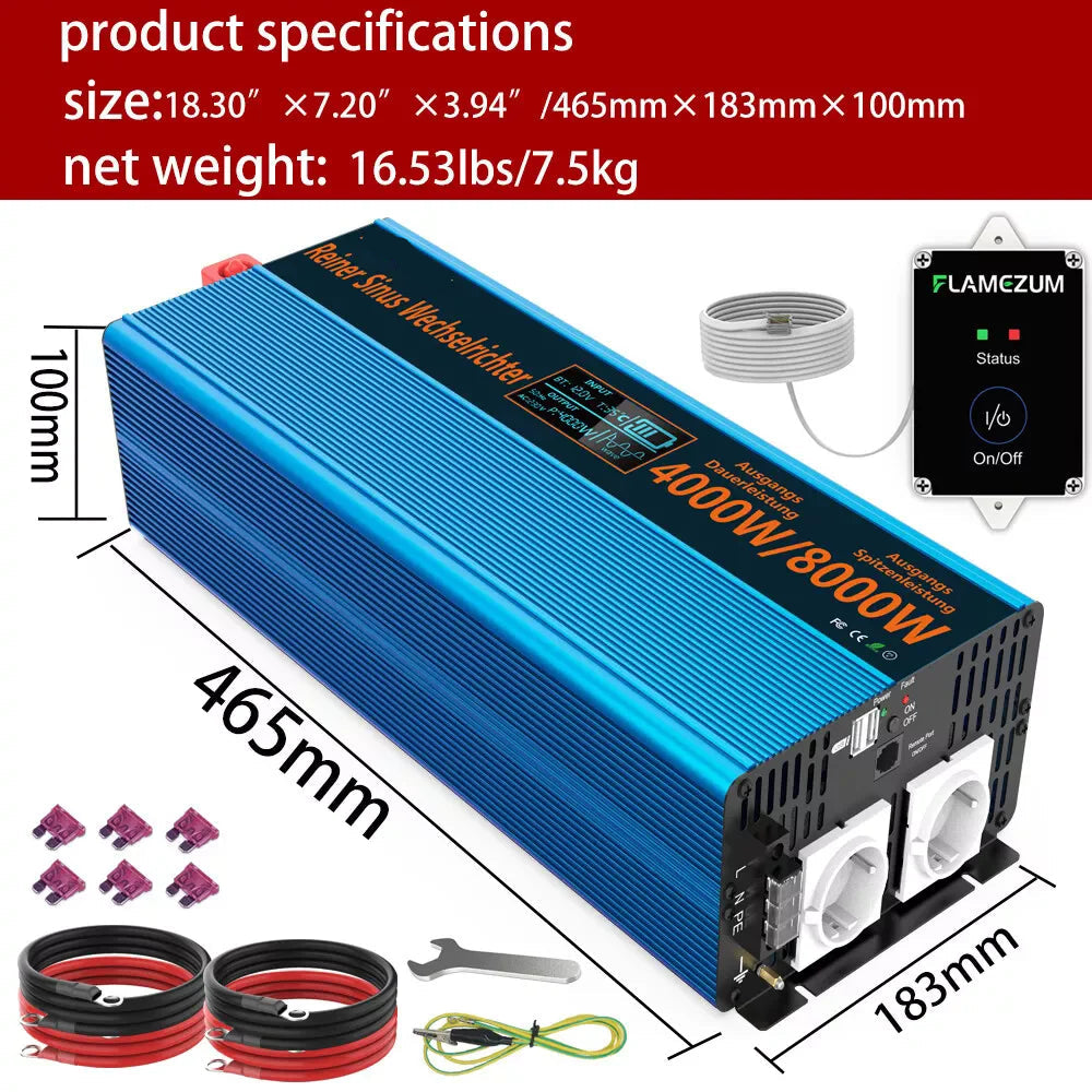 Pure Sine Wave Omvormer – Spanning Omvormer – Power Inverter – 24V Naar 230V – 4000W Continu Vermogen – USB Aansluiting - QUORE