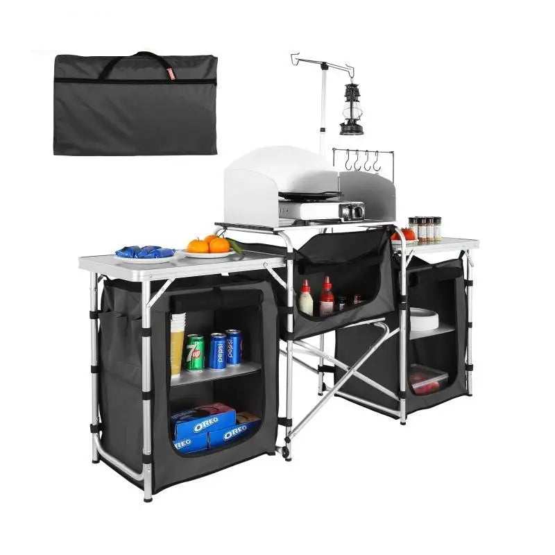 Camping Keukentafel - Camping Keuken - Kampeerkeuken - Buiten Keukentafel - Klaptafel - met Opbergkast - Kookstation - Aluminium Frame - met Opbergkast - voor BBQ - Picknick - Camping - Zwart