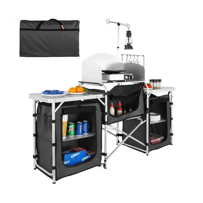 Camping Keukentafel - Camping Keuken - Kampeerkeuken - Buiten Keukentafel - Klaptafel - met Opbergkast - Kookstation - Aluminium Frame - met Opbergkast - voor BBQ - Picknick - Camping - Zwart