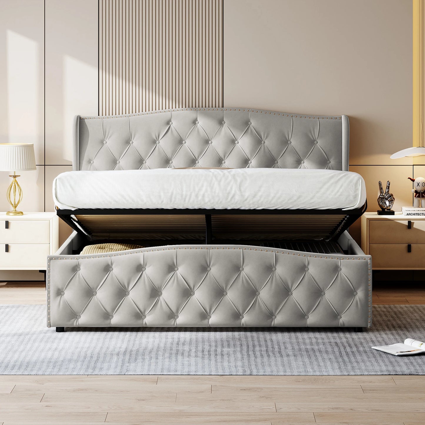 Velvet Bed – Slaapbed – Opbergbed – Bed Met Laden – Scandinavisch Bed – Ruime Opberglade – Stevig Houten Frame - Lichtgrijs - 140 x 200 cm