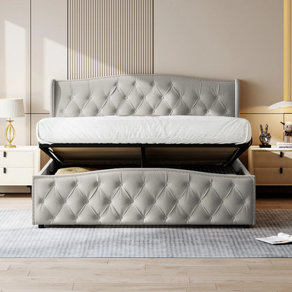 Velvet Bed – Slaapbed – Opbergbed – Bed Met Laden – Scandinavisch Bed – Ruime Opberglade – Stevig Houten Frame - Lichtgrijs - 140 x 200 cm