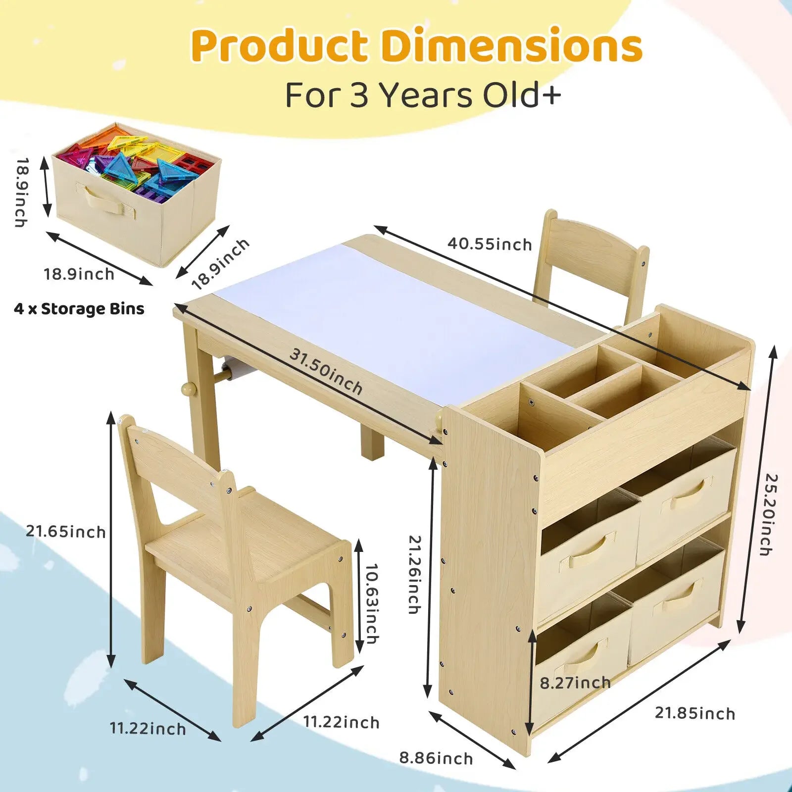 Kinderkunsttafel En Stoelen Set – Knutseltafel – Tafel Met Stoelen – Creatieve Speeltafel – Houten Kunsttafel – Papierrolhouder – Ergonomische Stoelen - QUORE