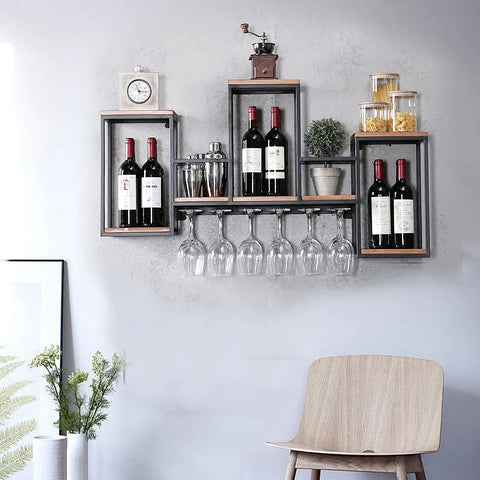 Vintage Wandgemonteerde Wijnrek - Houten & Metalen Opslagrek voor Keuken, Restaurant & Bar