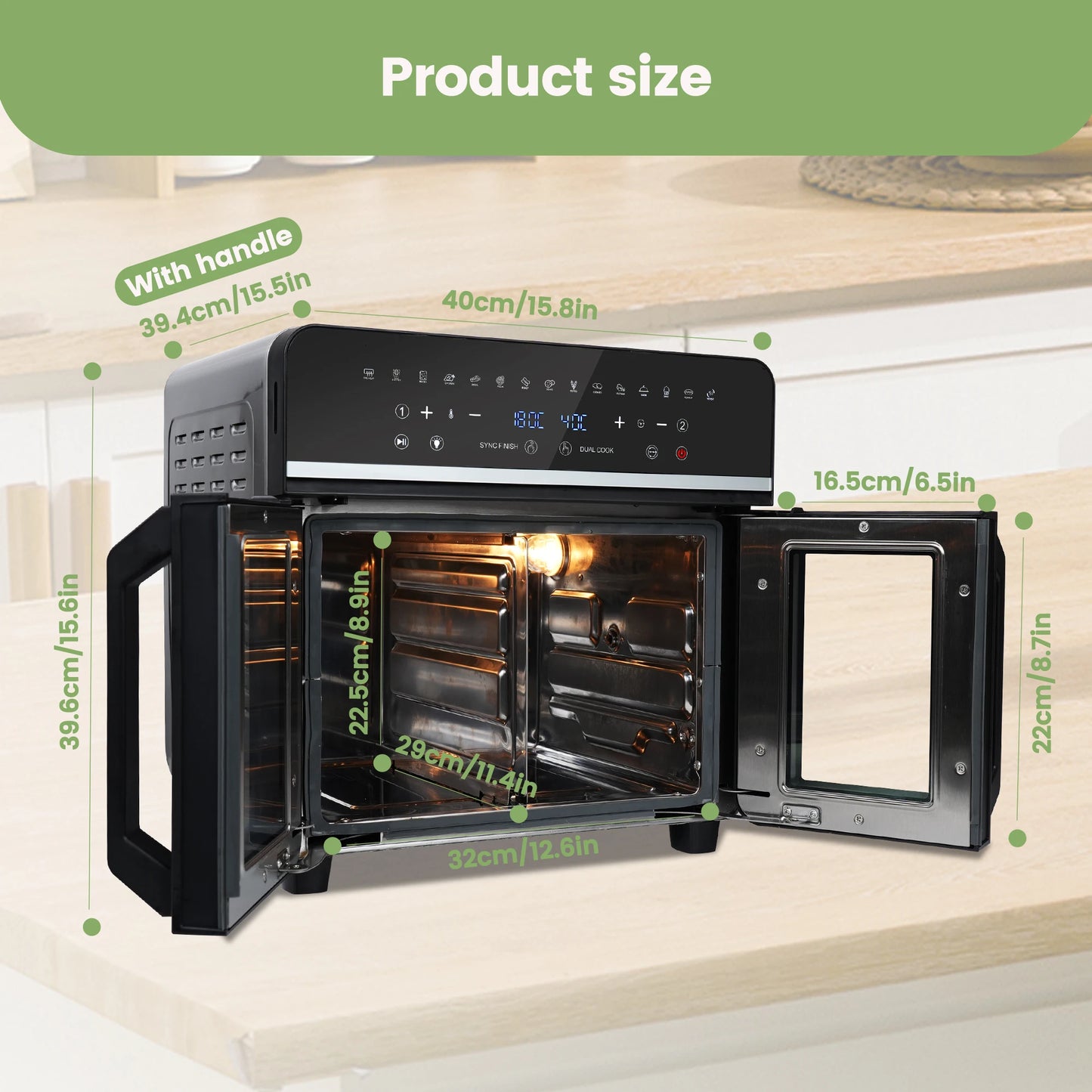 Heteluchtfriteuse – Airfryer - Airfryer Oven XXL - 23L - Dubbele Lades - 2200W - 240V - LED Touchscreen – 15 Programma’s - Kijkvenster - Zwart - QUORE