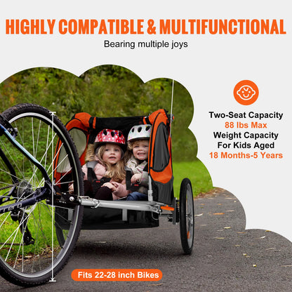 Fietsaanhanger - Fietskar - Fietskarren - voor Kinderen - 100 lbs Kinderfiets Trailer met Dubbele Zitplaatsen - Kinderfietskar - Vouwbare Kinderfiets Carrier - Kan omgebouwd worden tot Kinderwagen - Voor Peuters en Kinderen