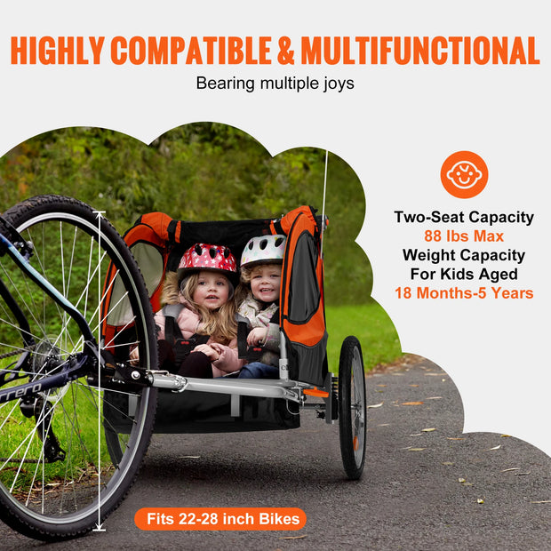 Aanhanger Fiets - Fietskar - Fietskar Voor Kinderen - Kinderfietskar - Fiets Aanhanger - Dubbelzits Drager - Opvouwbaar - Kinderfietskar Aanhange - en Wandelwagen Fietskar Voor Kinderen - 61x31x37in - 100lbs Capacity