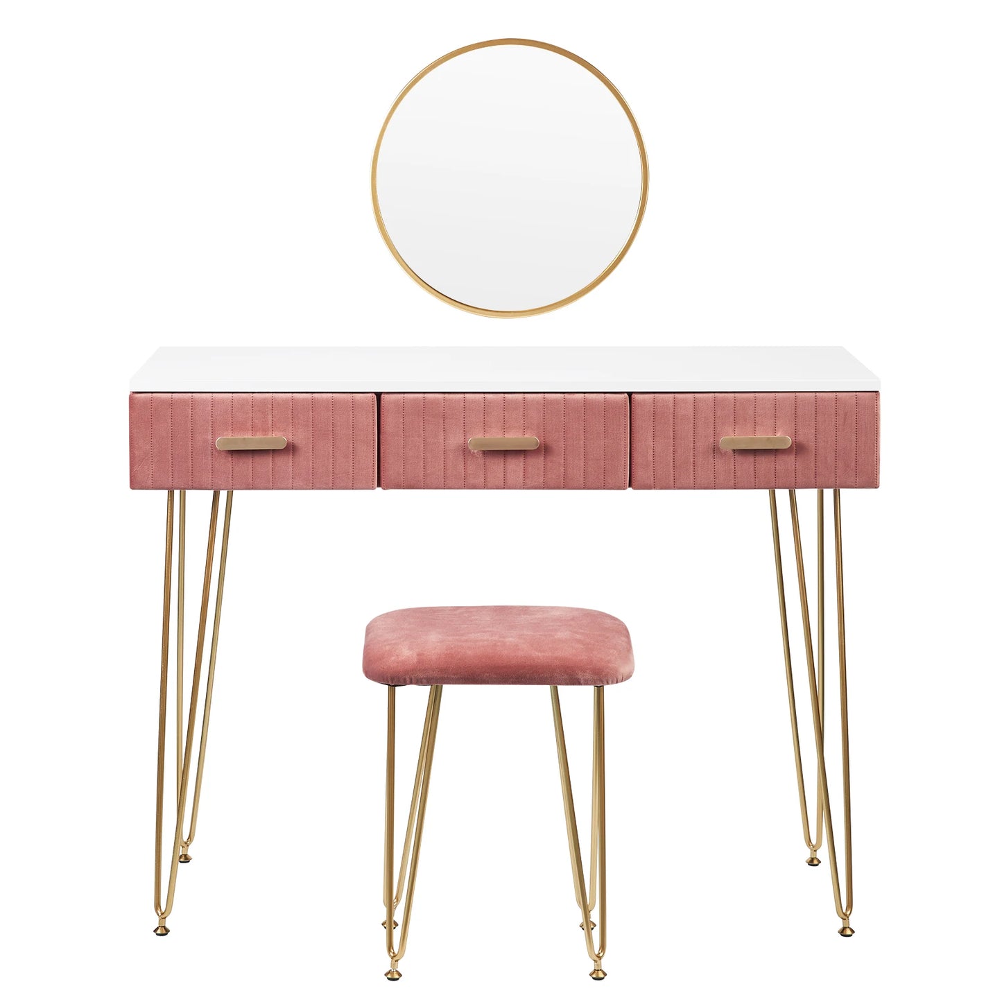 Luxe Kaptafel met Spiegel en Krukje - Moderne Dressoir - Wit / Roze - 3 Lades - 100 x 40 x 77 cm - Make Up Tafel