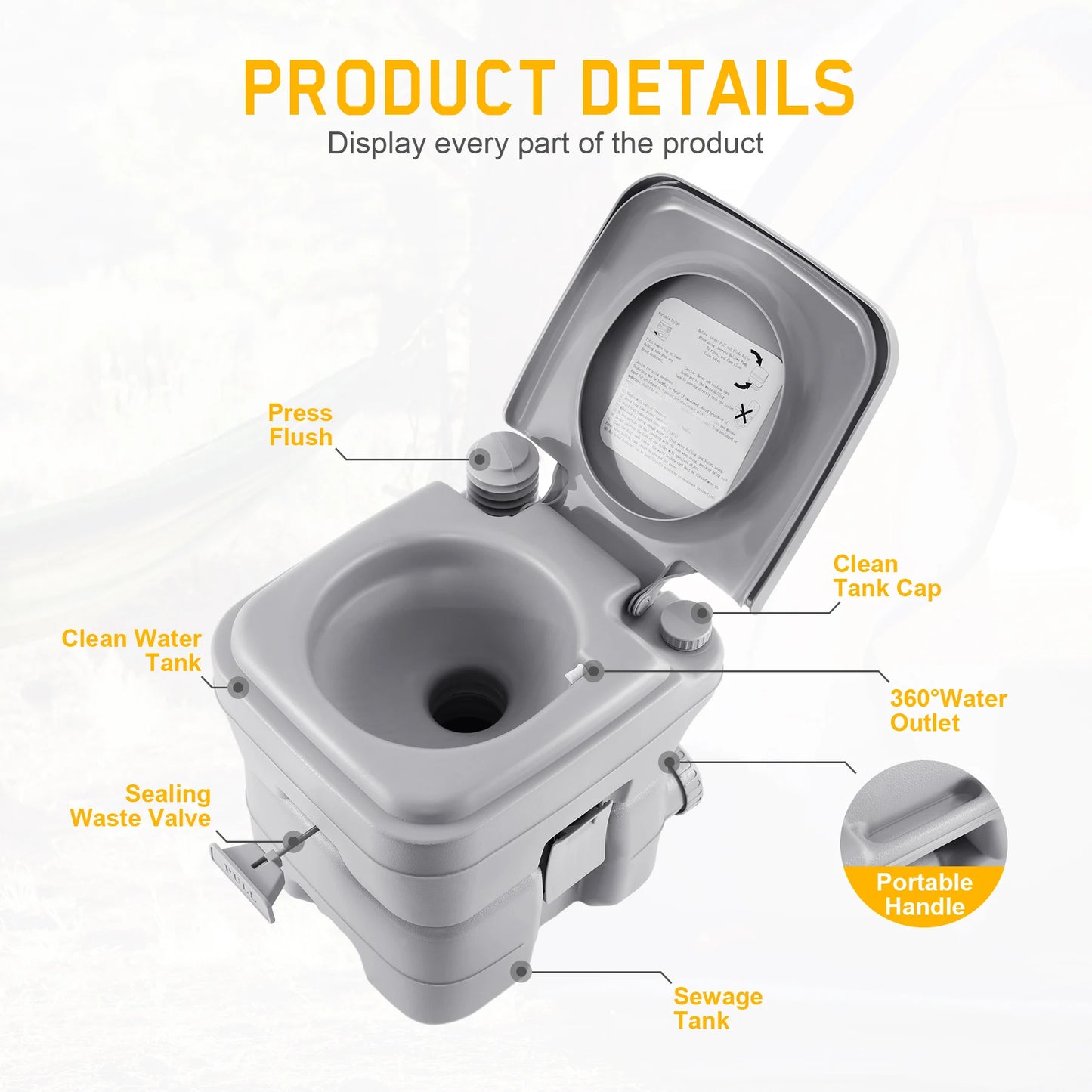 Draagbaar Spoeltoilet - Mobiel Potje - Mobiel Toilet - voor Buiten - Caravan - Toiletbelasting 130kg - voor Volwassenen - 20L - 41 × 35 × 41 cm - Grijs