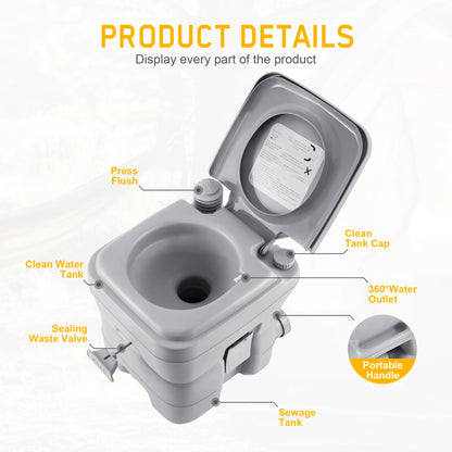 Draagbaar Spoeltoilet - Mobiel Potje - Mobiel Toilet - voor Buiten - Caravan - Toiletbelasting 130kg - voor Volwassenen - 20L - 41 × 35 × 41 cm - Grijs