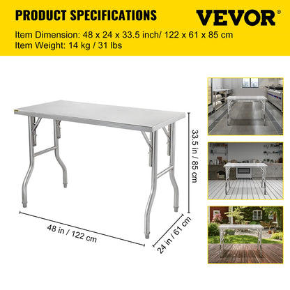 SucceBuy Single/Double-Shelf Professional Stainless Steel Open Kitchen Folding Work Prep Tables Easy Storage for Home Commercial