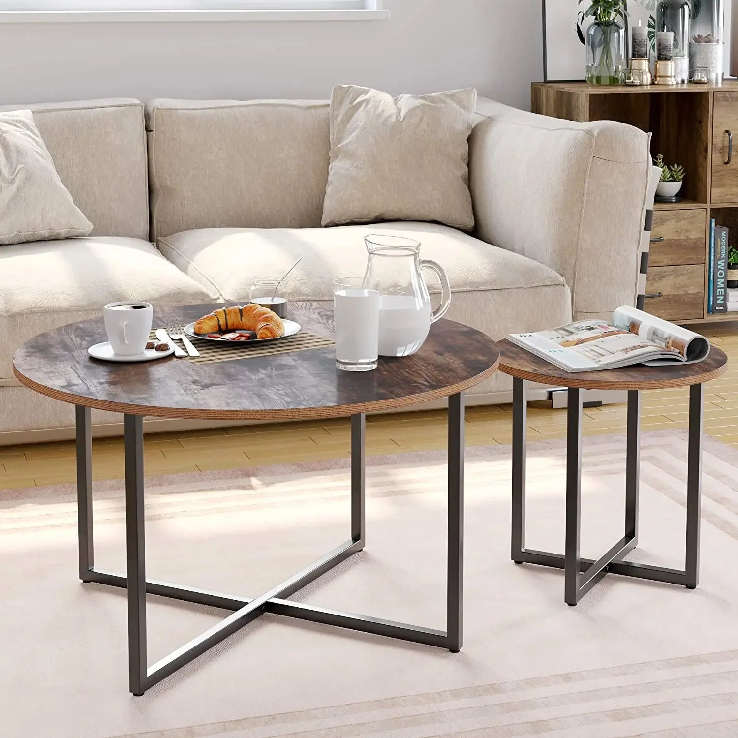 Salontafel - Middelste Tafel - Koffietafel - Woonkamertafel - 2 Stuks - Hout Rond Tafelblad - X-vormig Metaalen Poten - Duurzaam - Stabiel - Ø80 x 45 cm & Ø42 x 40cm - Hout & Zwart - QUORE