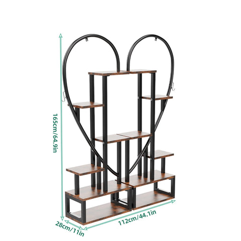 Plantenrek - Plantenrekken - Plantentrap - 6 Tier - Half Hart Vorm - Set van 2 - Industriële Plantenstandaard - Binnen & Buiten - Ruimtebesparend Bloemenrek - Stevig & Duurzaam - 112x28x165cm - Metaal - Zwart en Bruin