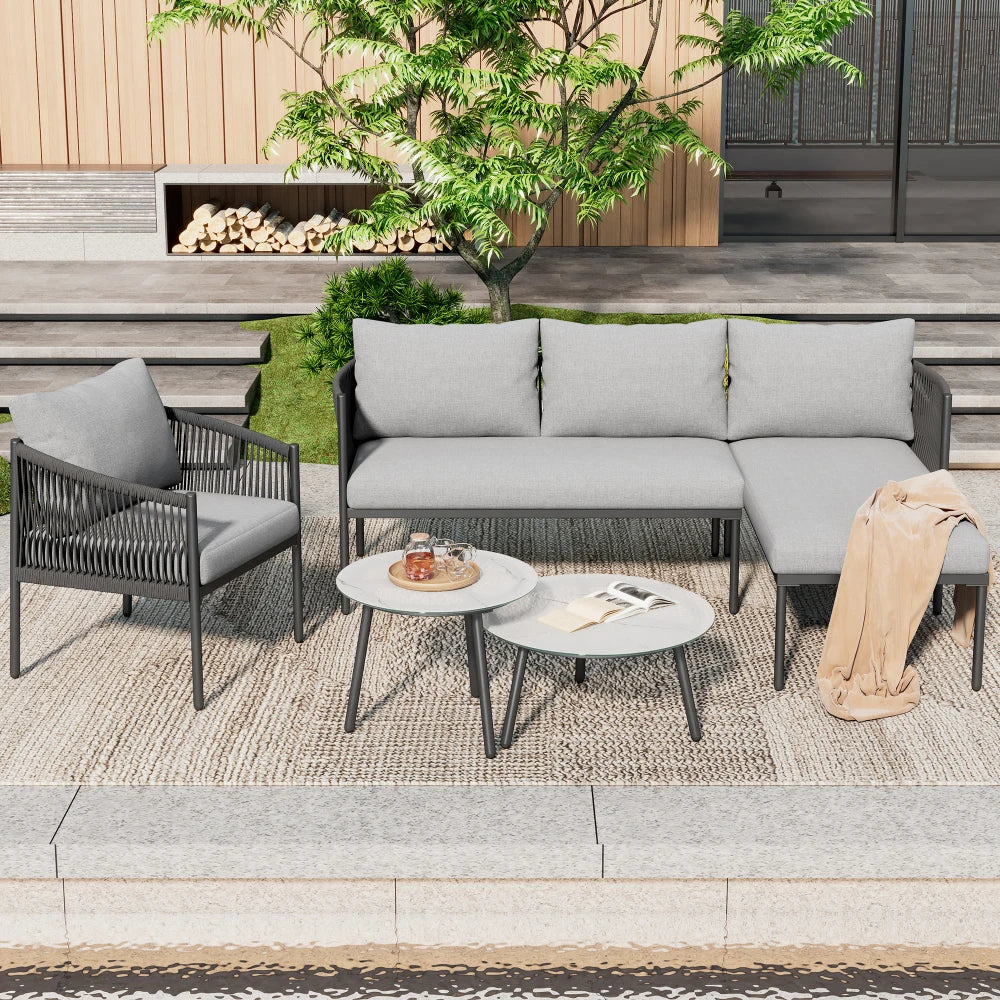 Loungeset – Hoek Loungeset – Stoel-bank Loungeset – Tuinset – Loungeset Voor 4 Personen – Weerbestendig Gegalvaniseerd Staal – Handgeweven Armleuningen