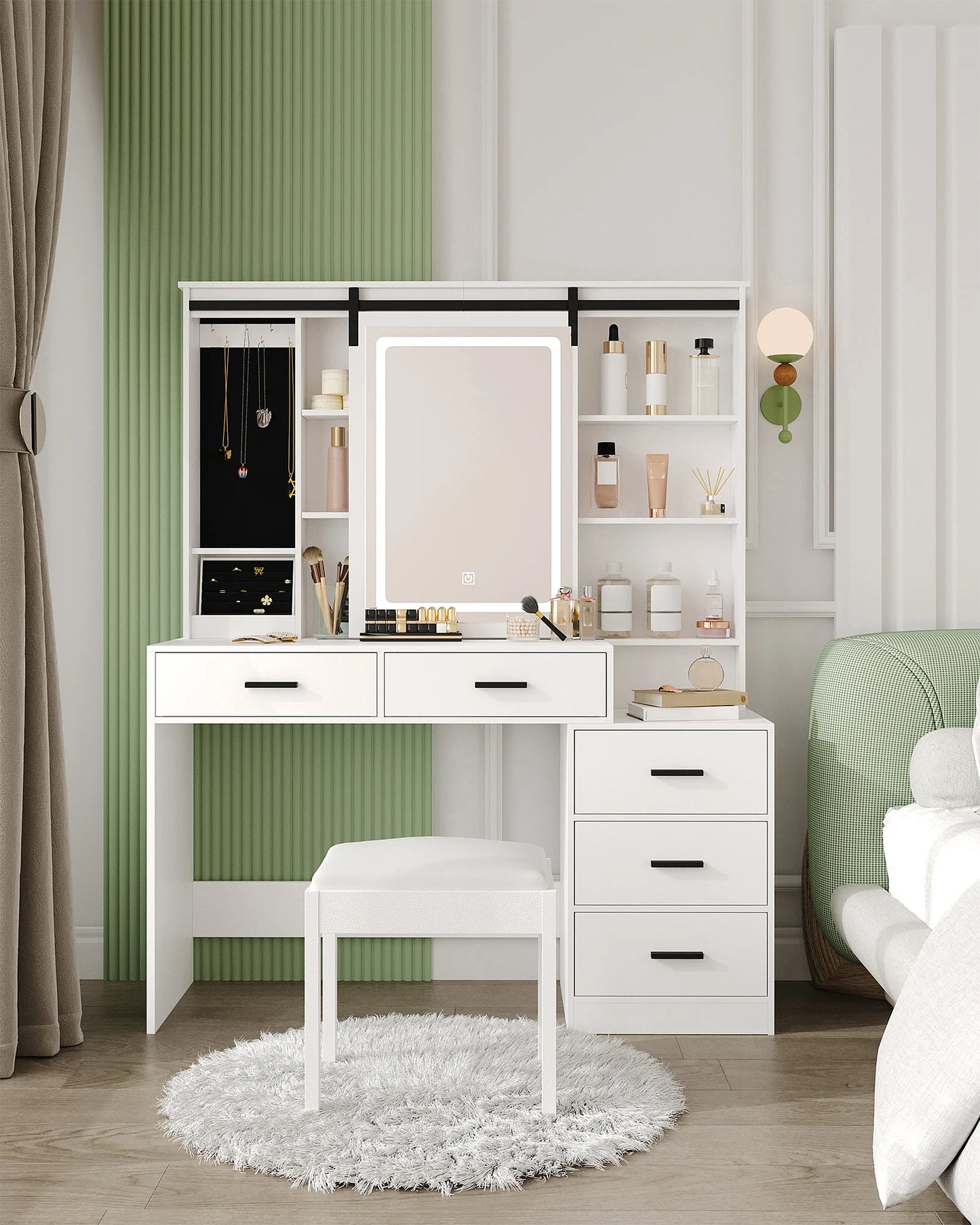 Kaptafel – Make-uptafel – Schminktisch – Dresser – Sieradentafel – Wit – Verstelbare LED-verlichting – Grote Schuifspiegel