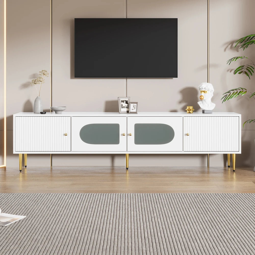TV-Meubel – Tv-Kast – Meubel Voor Televisie – TV Dressoir – Witgelakt Met Gouden Poten – Ruimte Voor Tv Tot 79 Inch – Geruisloze Scharnieren