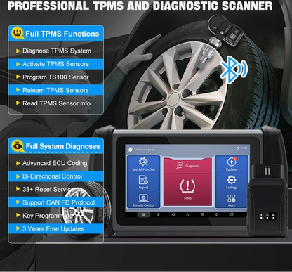 TPMS- En Auto Diagnosetool – Bandenspanningsmeter – Sensor Programmeerder – Foutcode Scanner – ECU-Codering – Bluetooth – 140+ Automerken
